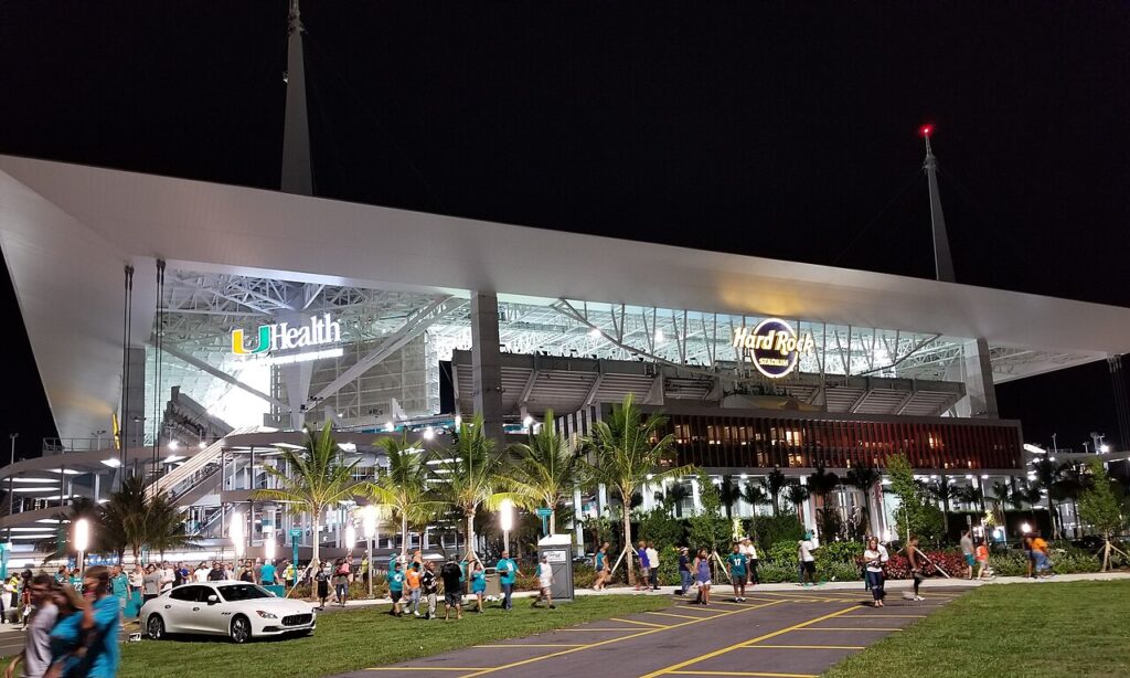 Vista do Hard Rock Stadium em Miami Gardens, palco de Brasil x Escócia na Copa do Mundo 2026